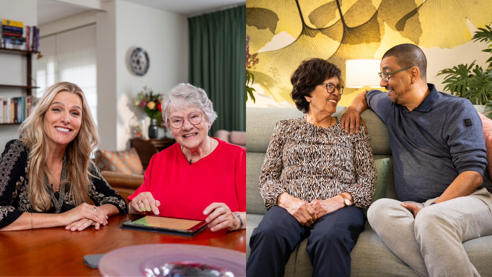 Een collage van twee foto’s met ambassadeurs van het Programma Toegankelijk Bankieren: links Lucille Werner met haar buurvrouw Dory en rechts Jörgen Raymann met zijn moeder